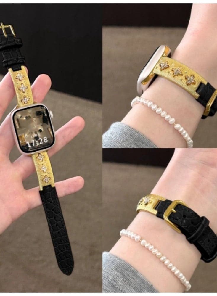 Bracelet Leather Strap iWatch Replacement Strap Fine Design Black (Round Crocodile Pattern) - Gold Buckle Suitable For Iwatch S10-42mm Generation