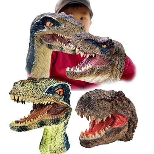Dinosaur Toys Tyrannosaurus Rex and Blue Velociraptor Hand Puppets Dinosaur Animal World Action Figure Set Funny Scared Head Hand Puppets for Home Stage and Class Role Play Toys