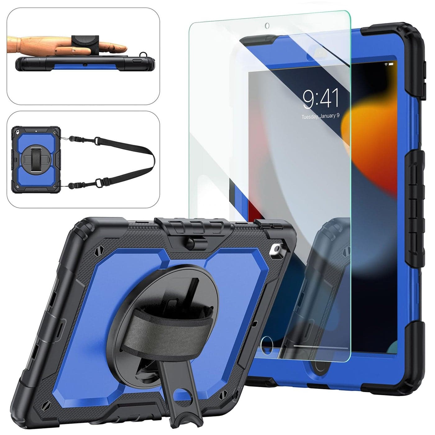 Ambison Case for iPad 9th8th7th Generation 102 202120202019 Kid Proof Full Body Protective Case with 9H Tempered Glass Screen Protector 360 Rotatable Kickstand Hand Strap Blue Black