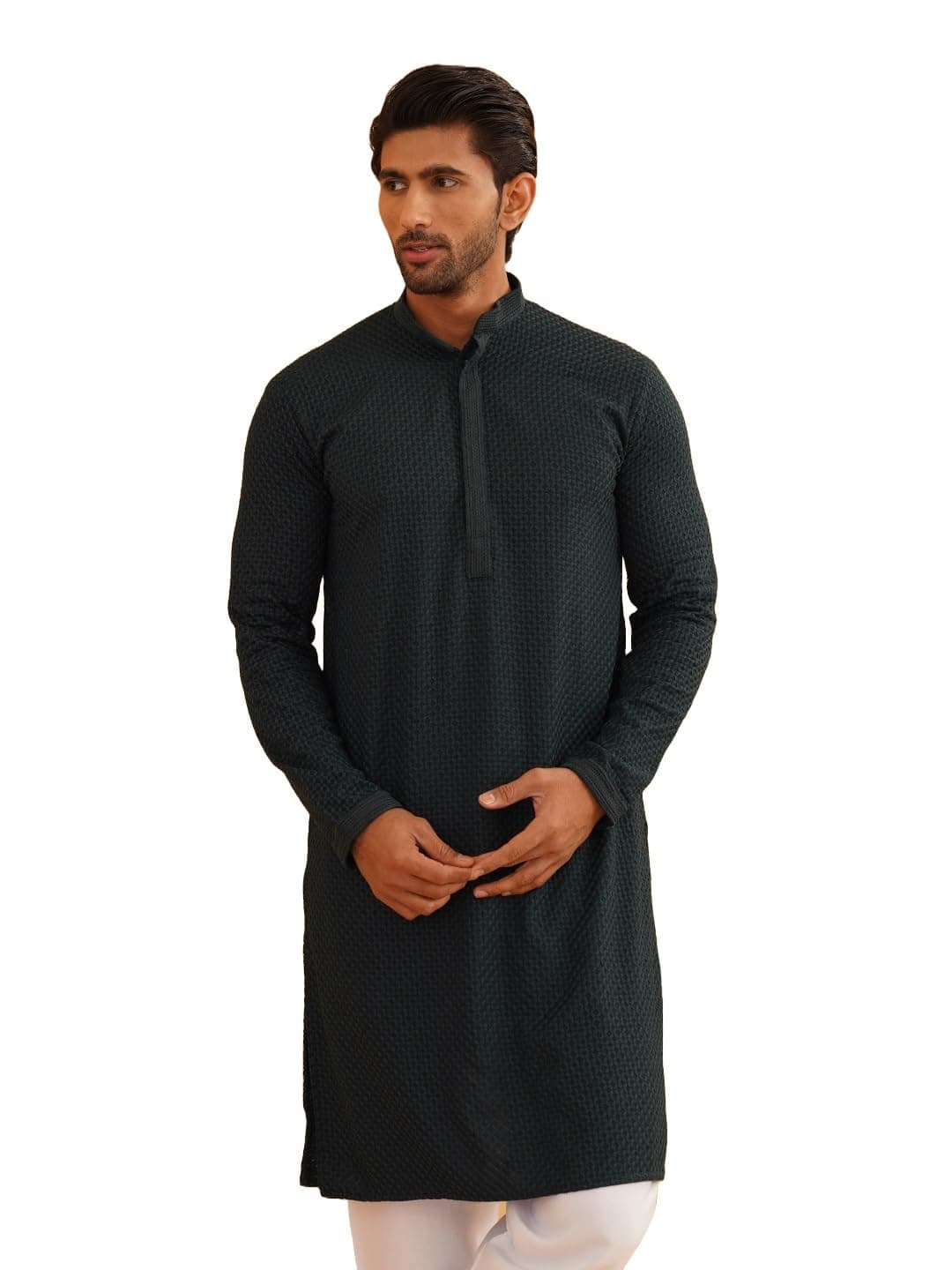 SOJANYA (Since 1958 Men's Geometric Embroidered Thread Work Cotton Straight Green Long Kurta