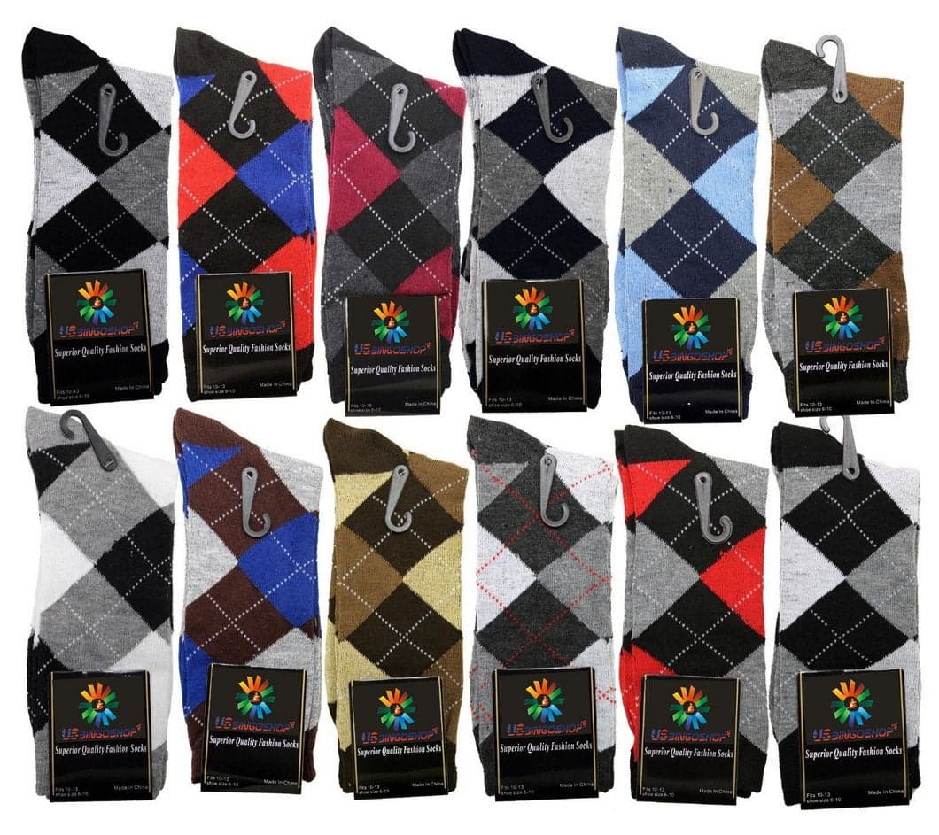 USBingoshop Mens Cotton Argyle Striped Solid Ribbed Black Crew Dress Socks(10-13, Argyle Pack of 12)