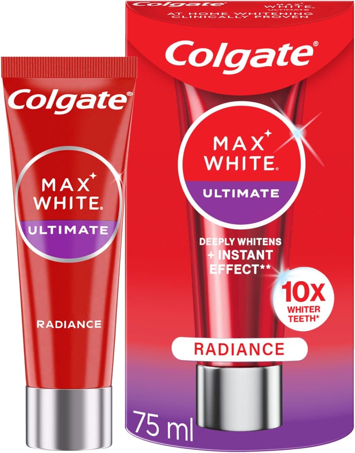 Colgate Max White Ultimate Radiance Whitening Toothpaste 75ml 10X Whiter Teeth Instant Teeth Whitening Toothpaste Deeply Whitens Helps Prevent Future Stains Enamel Safe for Daily Use