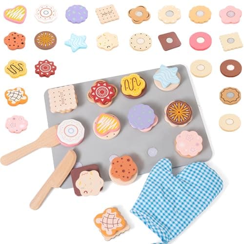 MONT PLEASANT 28pcs Wooden Cookie Maker Toy Kitchen Accessories Kids Play Kitchen Cutting and Baking Food Toys Cookies Bakery Playset Toddler Pretend Play Toy Food Set Boys and Girls Birthday Gift