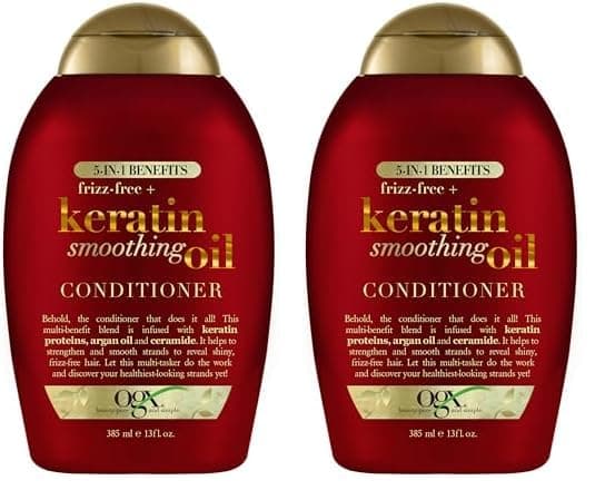OGX FrizzFree Keratin Smoothing Oil Conditioner 5 in 1 for Frizzy Hair Shiny Hair RED 385 ml Pack of 2