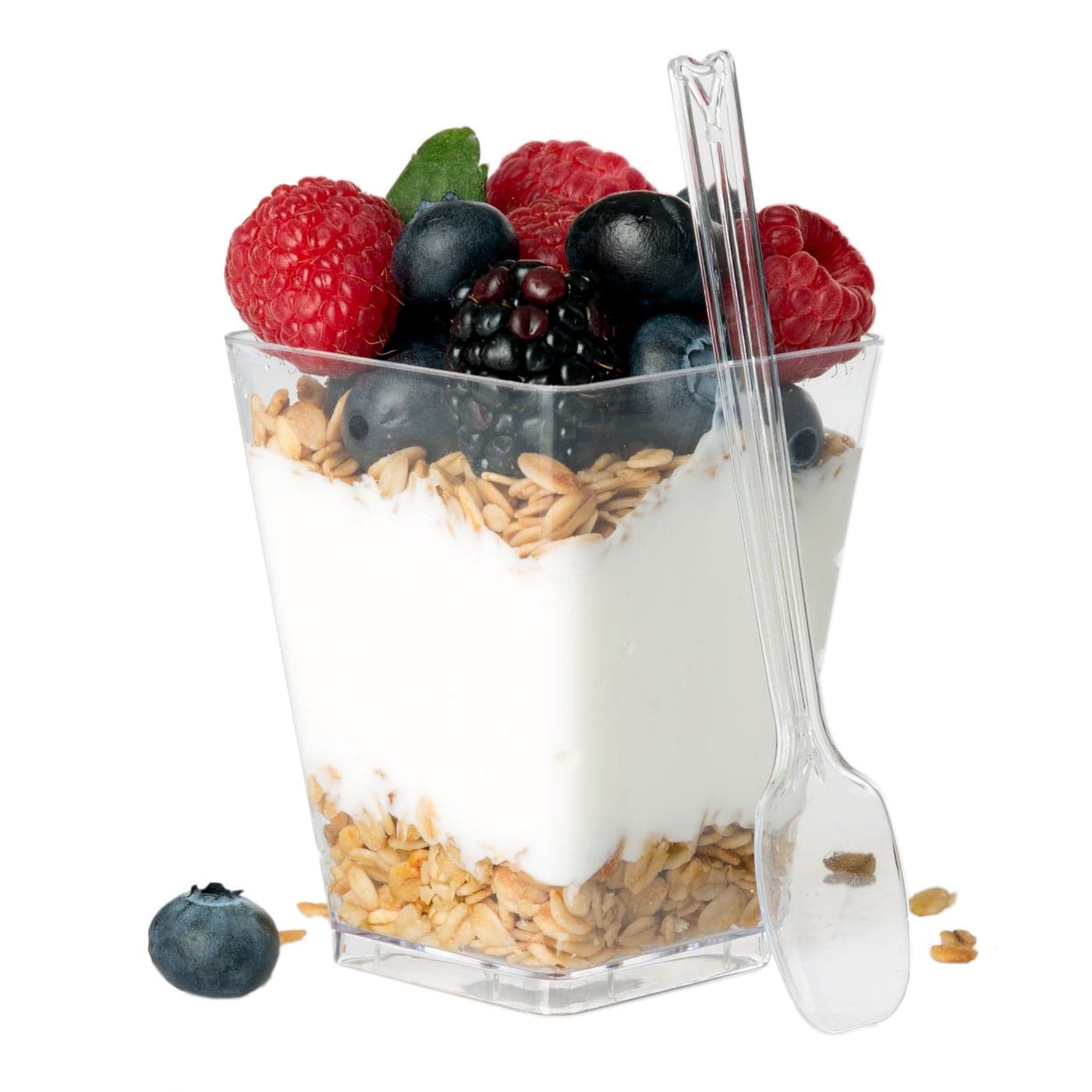 Ilyapa 5oz Plastic Dessert Cups 20 Pack Mini Dessert Cups with Spoons Clear Reusable Small Appetizer Cup for Cheesecake Shooters Chocolate Mousse Parfait Party and Catering Supplies Square