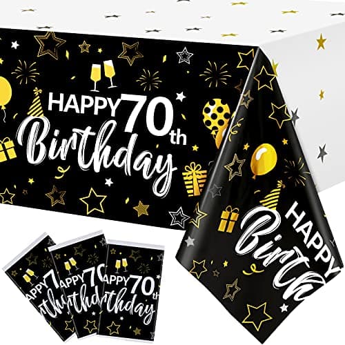 Sumind 3 Pack 70th Birthday Tablecloth Black and Gold Happy 70th Birthday Party Decorations Large Plastic Rectangular Tablecloth for Women Men Party Supplies 54 x 108 Inch