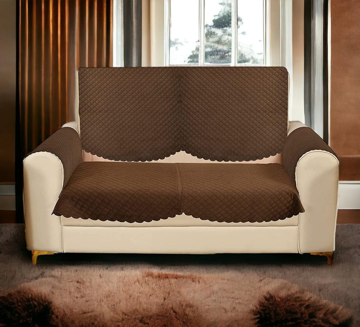 STARNSTYLE Velvet Self Design Quilted Sofa Chair Cover 2 Seater + Arm Cover Coffee