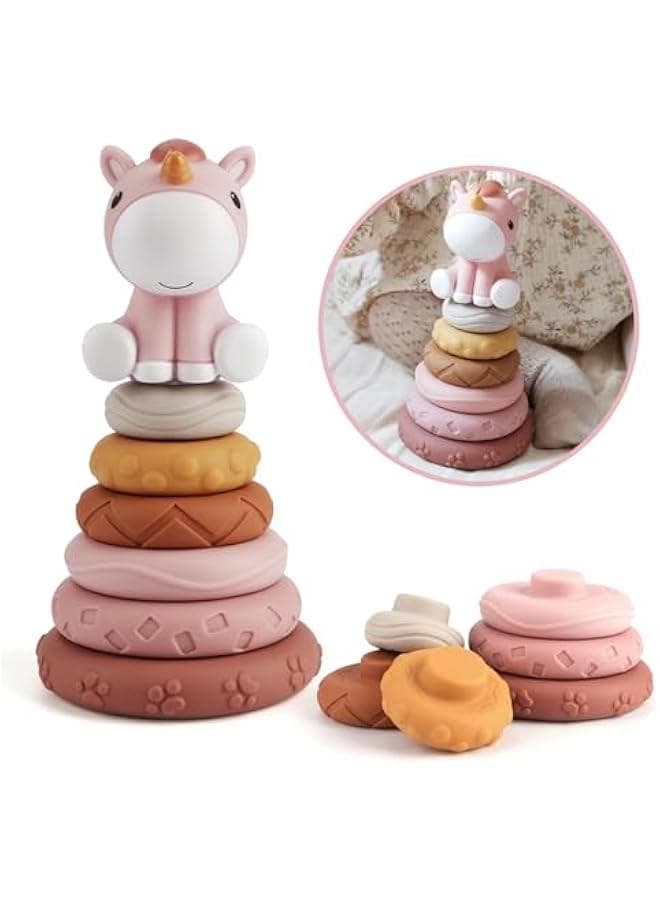 7 Pcs Stacking Nesting Baby Toys, Squeeze Teething Toys and Building Circle with Pink Horse Figure, Newborn Essentials for 6 12 18 Months Toddler Girls