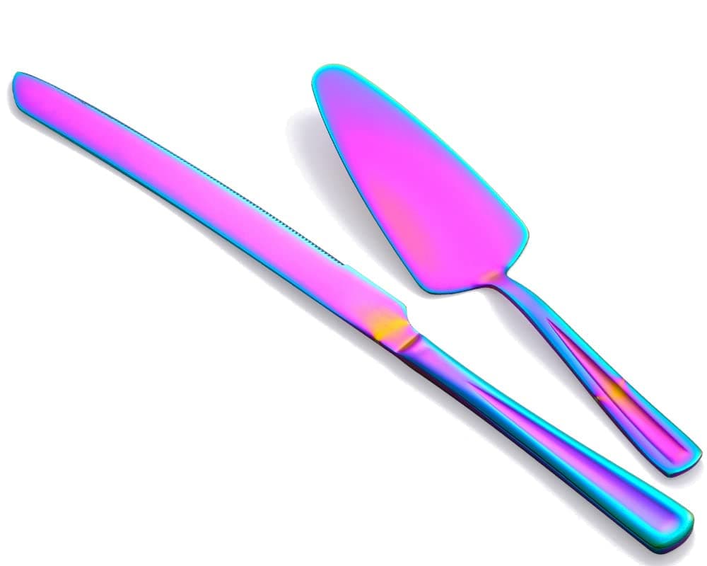 GoGeiLi Rainbow Cake Knife and Server Set Colorful Stainless Steel Cake Cutting Set for Wedding Birthday Parties
