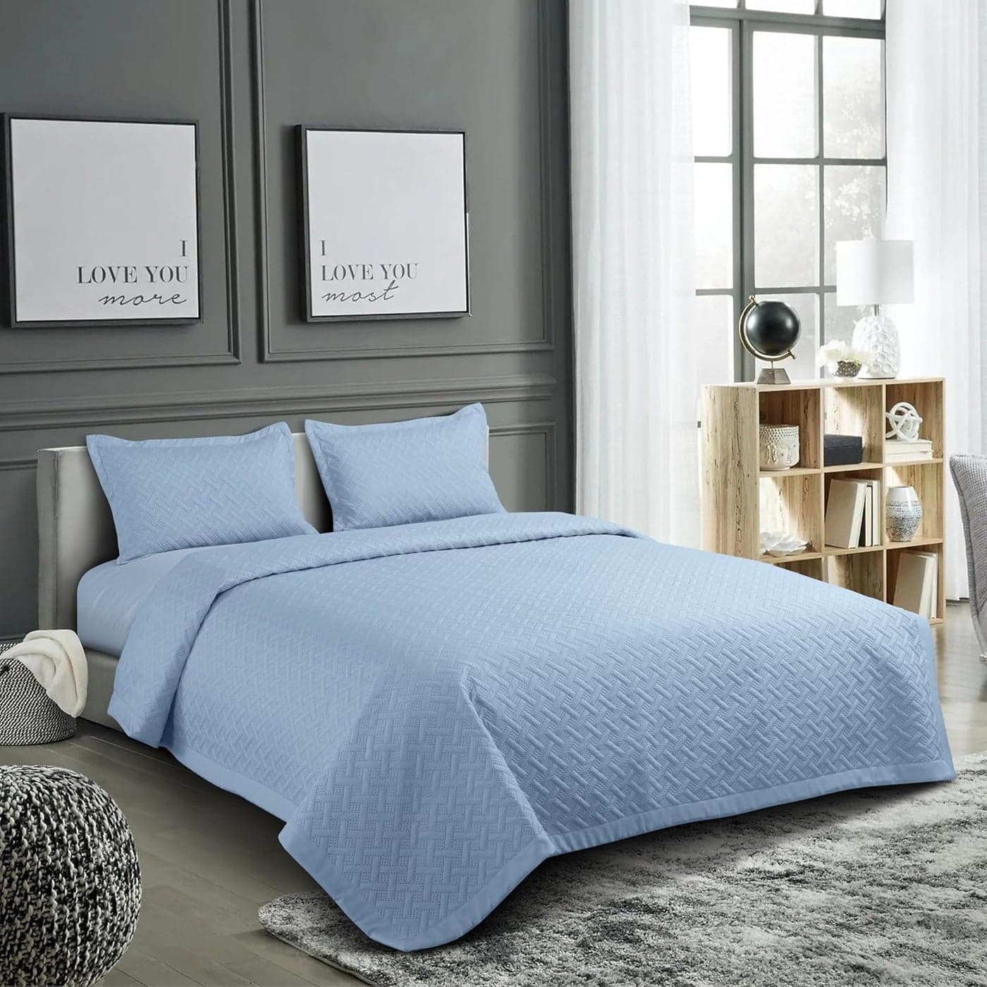 Nirwana decor BedBliss Ultrasonic 280 TC All Season Supersoft King Size Bedding SetbedcoverRajaai Quilted Set with 2 Pillow Covers 150 GSM90x100 inches Steel Blue