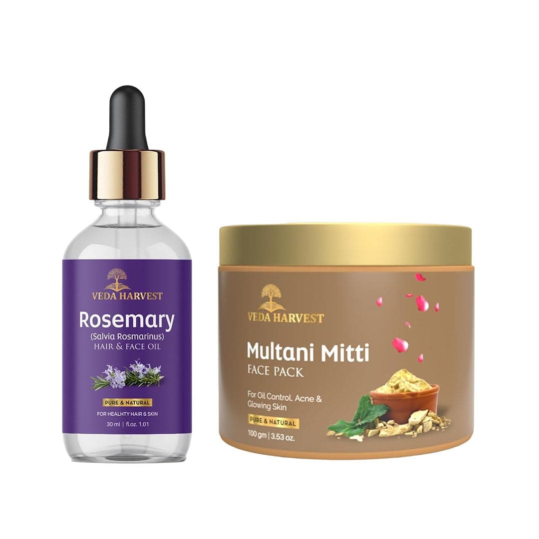 Veda Harvest Rosemary Essential Oil and Multani Mitti face pack Deep cleansing Hydrates skin Anti Acne Oil control