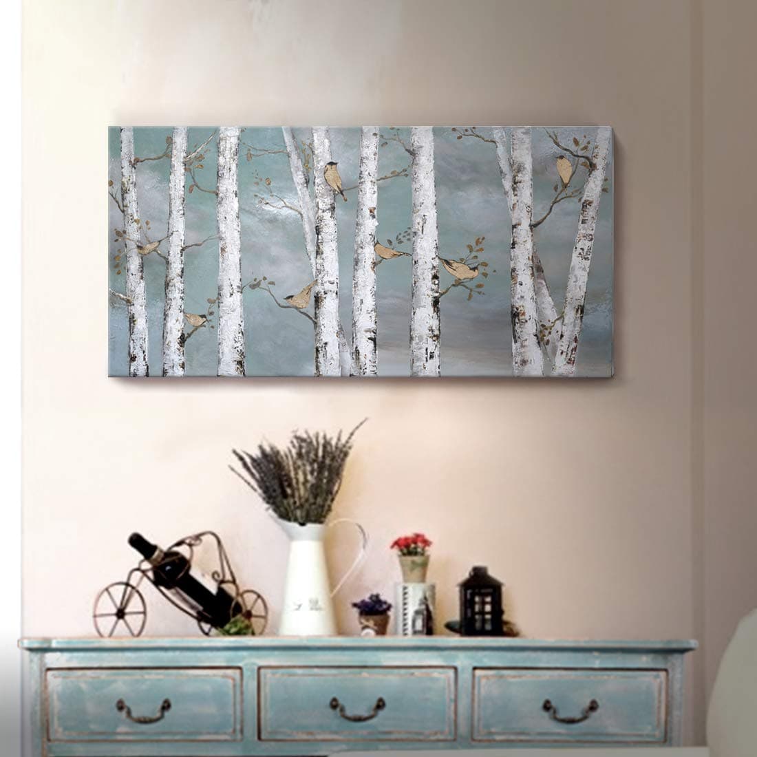 amatop Teal Wall Art 100 HandPainted Landscape Forest Oil Painting on Canvas Original Framed Artwork Gold Bird Birch Tree Artwork White Birch at Night for Living Room Bedroom Office Decor 32x16inch