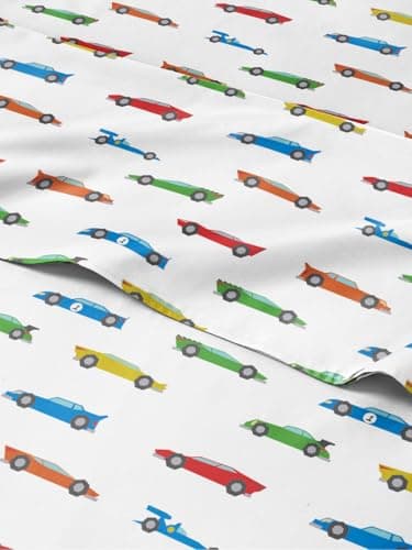 Kids Queen Size Car Bed Sheets 4 Piece Cars Sheet Set Racing Themed Bedding UltraSoft Cute Cozy Breathable and Machine Washable Cartoon Racing Bed Set for Boys Girls Teens Toddlers