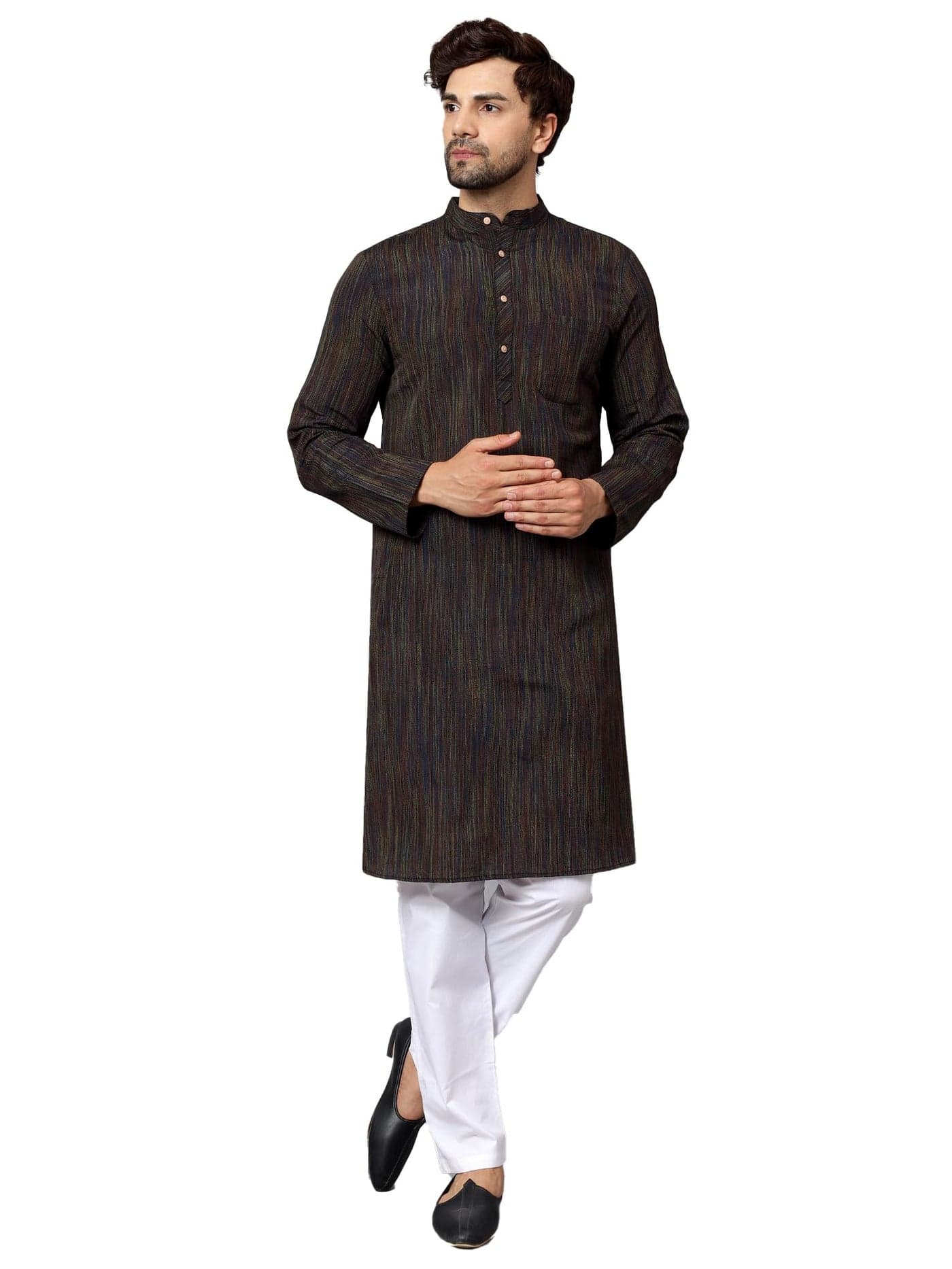 LATEST CHIKAN Men's Cotton Long Kurta Full Sleeves - Casual Ethnic Wear,44 Black