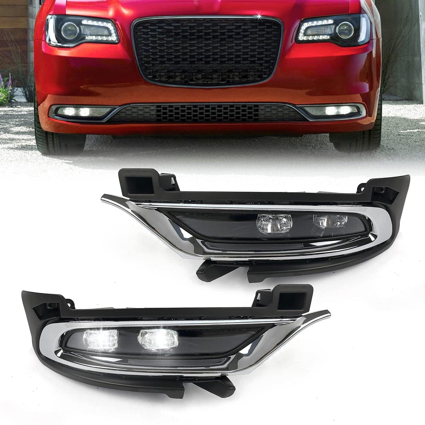 VLINCAR Fog Lights Compatible with Chrysler 300 2015 2016 2017 2018 2019 2020 2021 2022 2023 2024 LED Daytime Running Lamps wTrim Bezels Left Driver Right Passenger Side 68294009AA 68294008AA