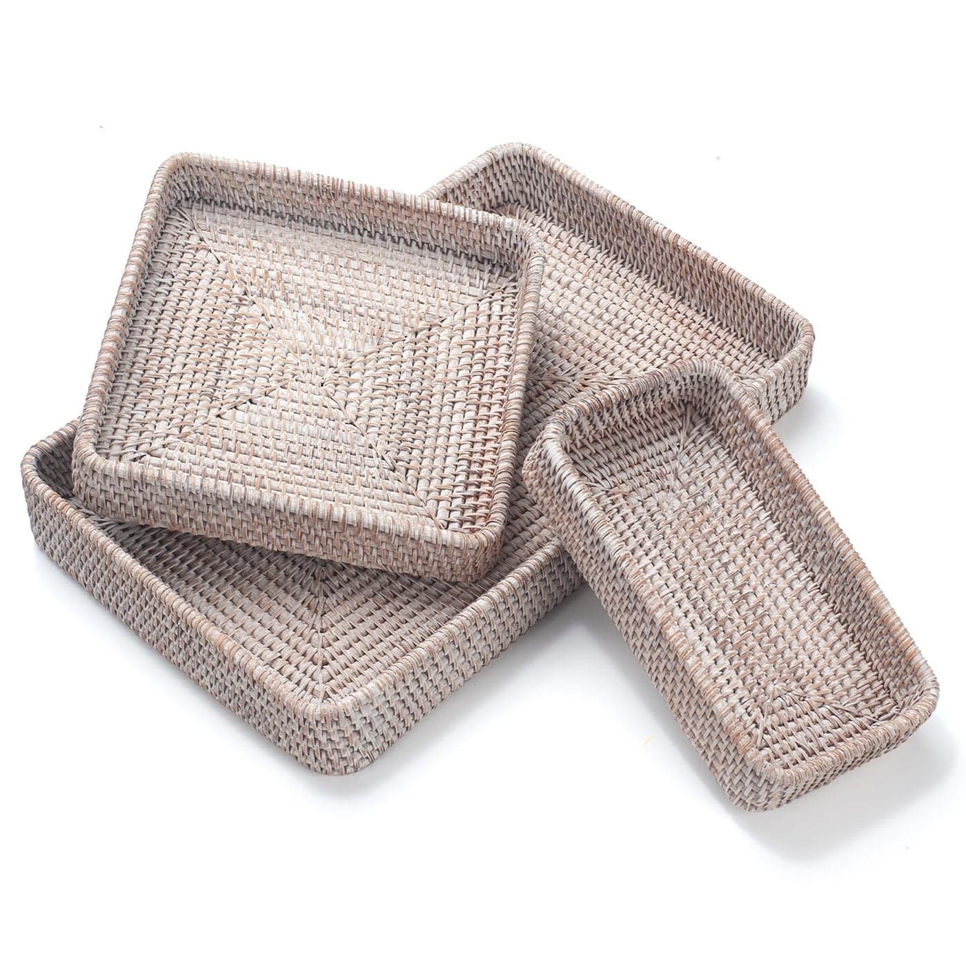 Rattan Serving Tray Rectangular Woven Tray Natural Wicker Decorative Serving Baskets for Organizing Tabletop Bathroom Kitchen Counter White