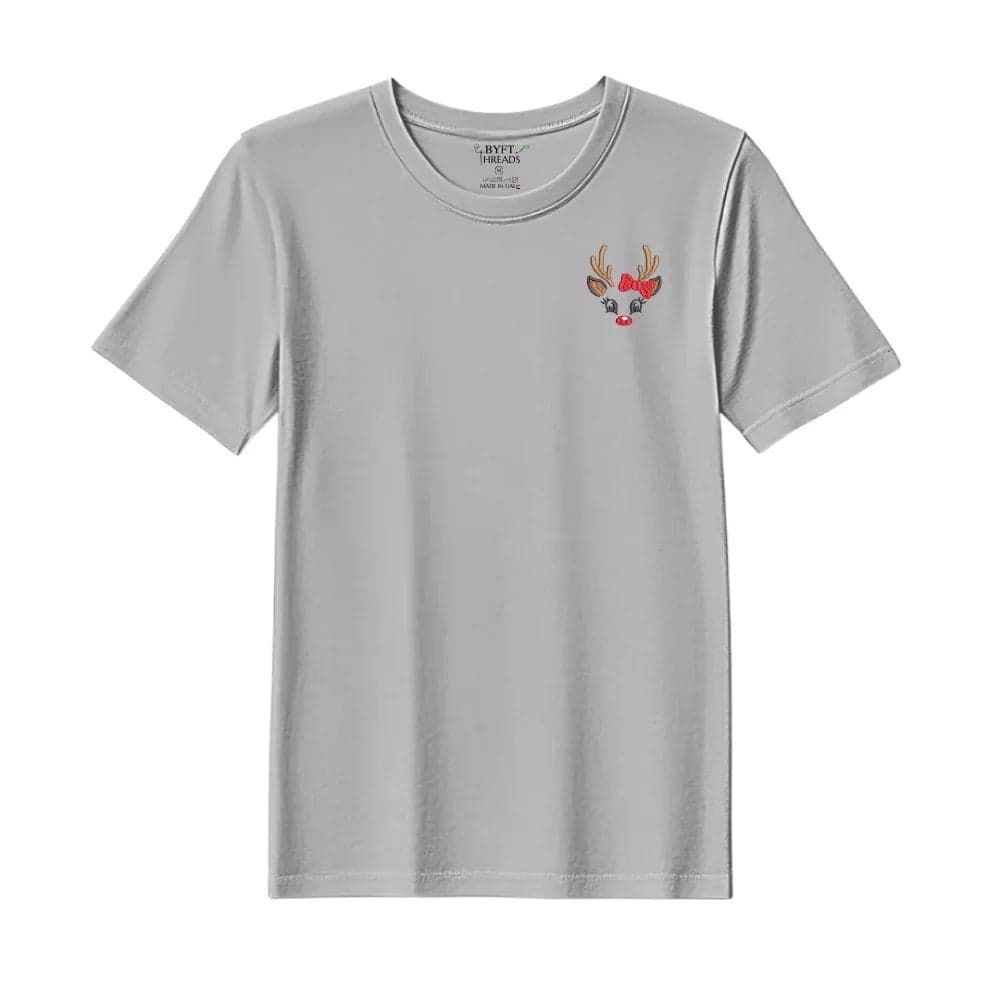 Threads XXL Grey Polycotton T-Shirt - Christmas "Reindeer Face with Bow" Embroidered Design, Premium Holiday Collection
