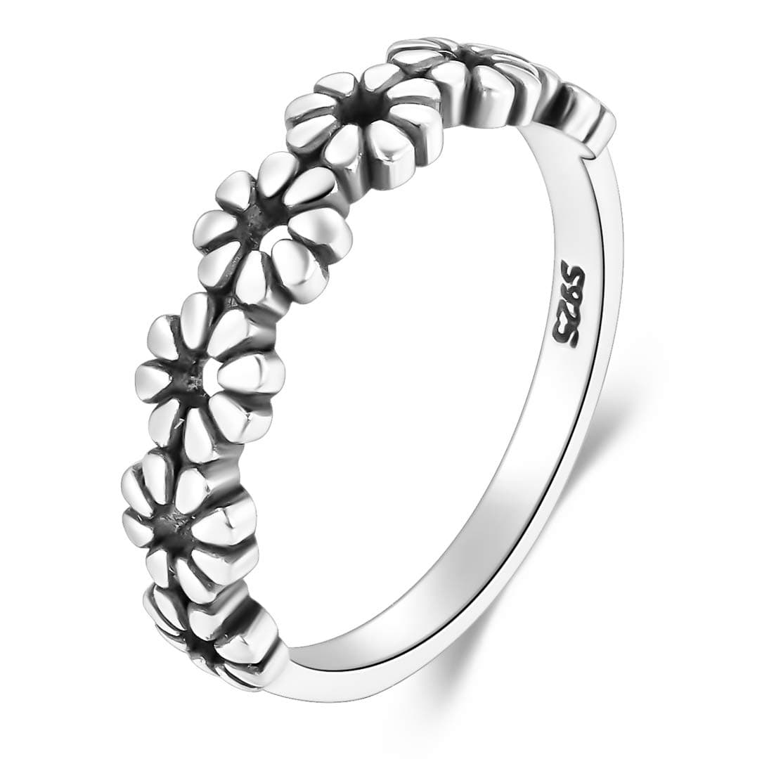 BORUO 925 Sterling Silver Ring, Daisy Flower Hawaiian High Polish Plain Dome Tarnish Resistant Comfort Fit Wedding Band Ring Size 10