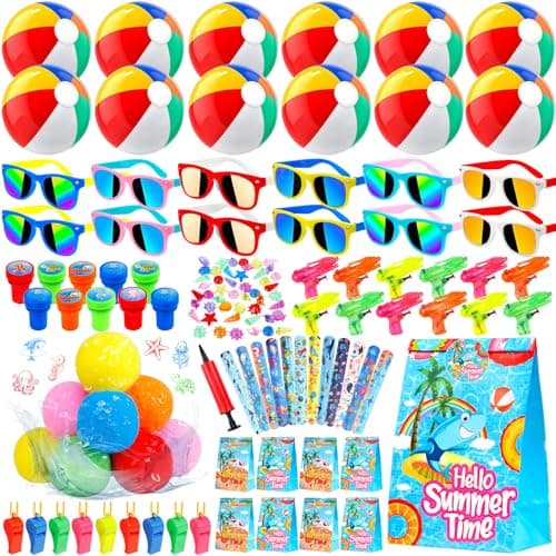 QAUYETM Pool Party Favors and Beach Party Favors 132PCs Summer Bulk with Beach Balls Sunglasses Water Balls Stamps More for End of Year Gifts for Students