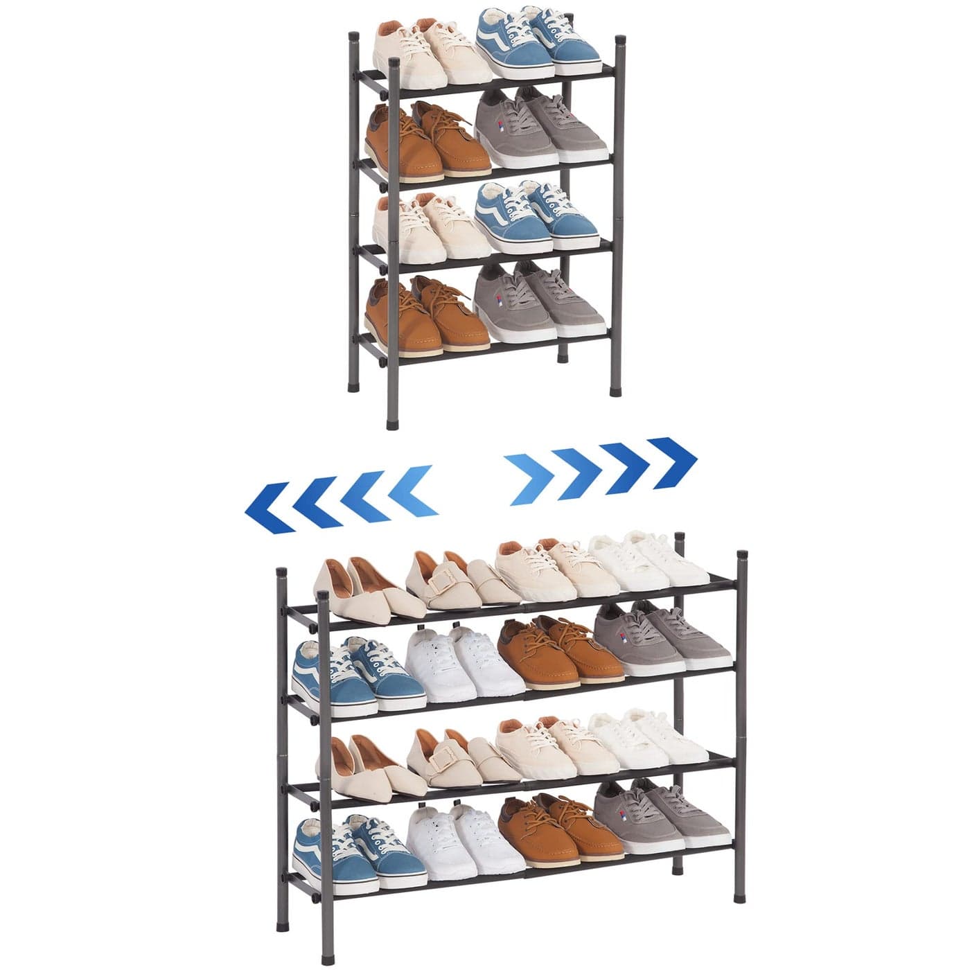 STORAGE MANIAC Expandable Shoe Rack 16 Pairs Stackable Small Shoe Rack Metal Adjustable Shoes Organizer for Closet Entryway Hallway Garage Front Door Shoes Shelves Black 4 Tier