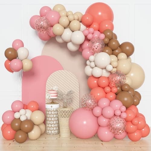 Amandir 154 Pcs Boho Daisy Balloons Garland Arch Kit, Retro Dusty Rose Pink Blush Brown Nude Flower Balloons for Boho Daisy Flower Theme Birthday Baby Shower Wedding Party Decorations Supplies