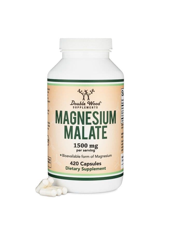 Magnesium Malate Capsules (420 Count) - 1,500mg Per Serving (Magnesium Bonded to Malic Acid), Third Party Tested, Vegan Friendly, Gluten Free, Manufactured in The USA by Double Wood Supplements