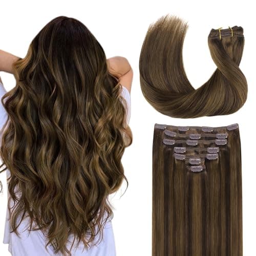 GOO GOO Clip in Hair Extensions Real Human Hair Remy Human Hair Extensions Clip ins for Women Natural Human Hair 14inch 120g 7Pcs 2C4E6C Brown Sugar Swirl Highlights