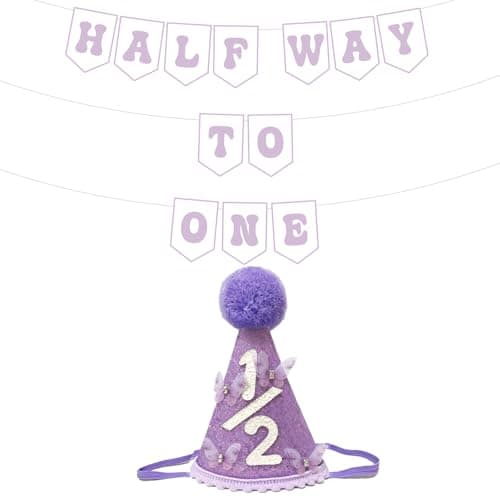 Shanmorine 6 Months Birthday Decorations For Girl Purple 12 Birthday Hat With 3d Butterfly And Half Way To One Banner For Half BD Party Decorations 12 Birth bay Girl Photo Shoot