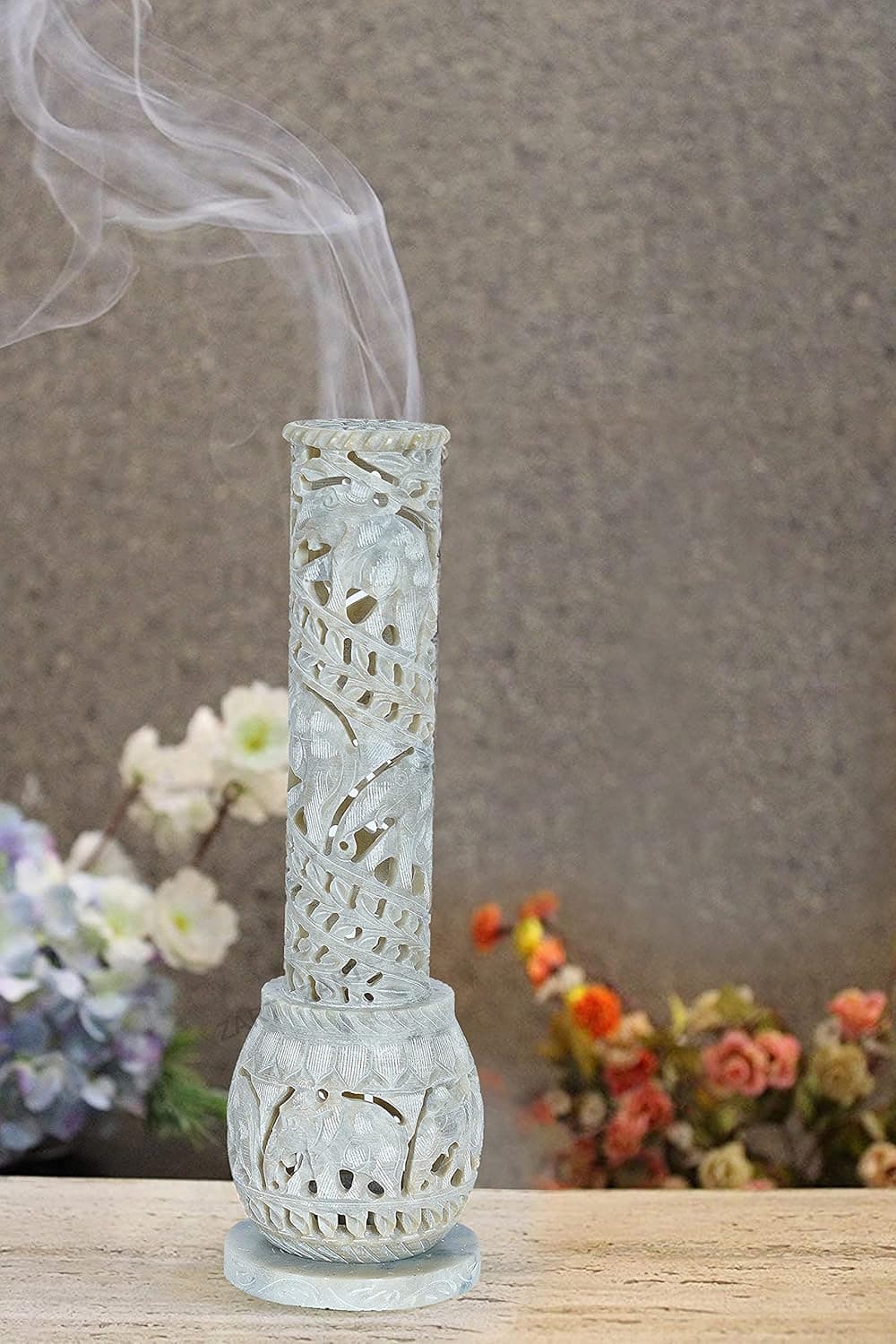 ZART Marble Soapstone Circle Jali Incense Stick Holder Agarbatti Stand Tea Light Burner Candle Holder Beautiful Elephant Carving for Pooja and Home Decor Item Showpiece Item