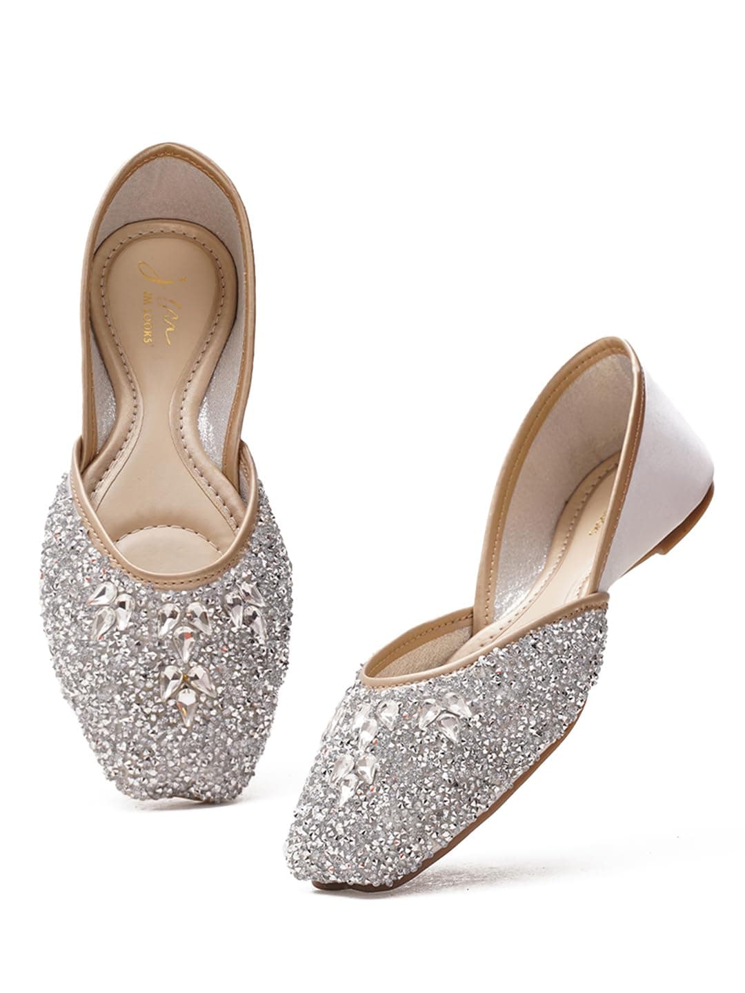 JM LOOKS Women Jutti | Designer Stone-Embellished Punjabi Mojari for Women Weddings & Festivals Occasions White