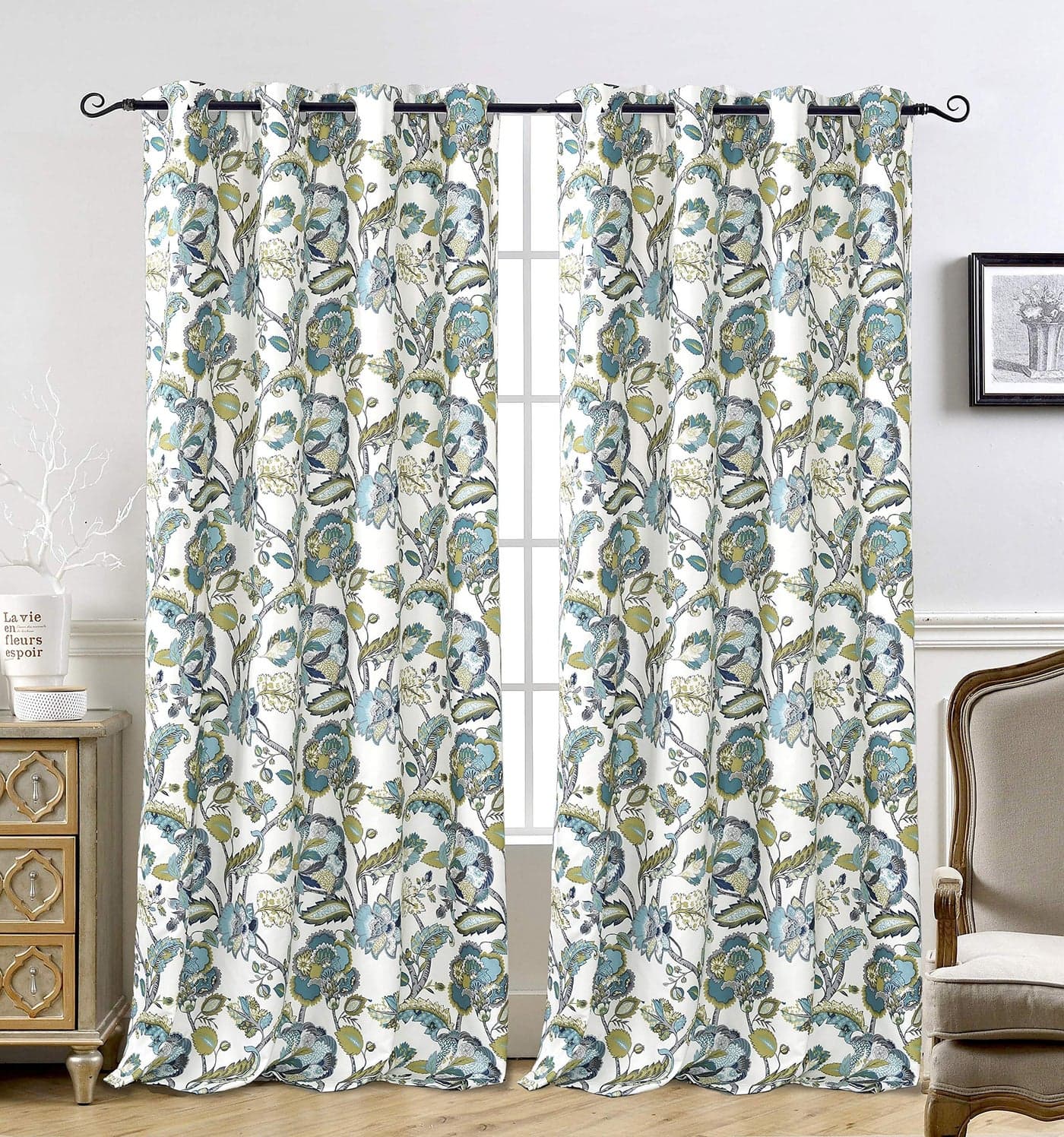 DriftAway Floral Blackout Teal Curtains 84 Inch Length for Living Room Bedroom 2 Panels Lined Grommet Window Drapes Thermal Rustic Classic America Style Curtains