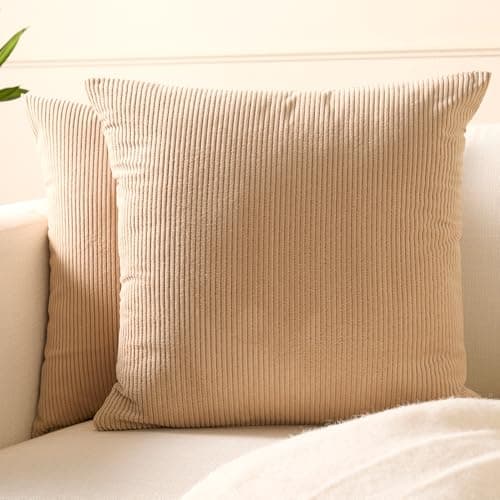 Encasa XO Corduroy Cushion Covers 40x40 cm, Set of 2 Soft Textured Striped Boho Pillow Covers | Decorative and Cozy Throw Pillows Cases for Home Decor and Sofa Living Room Beige