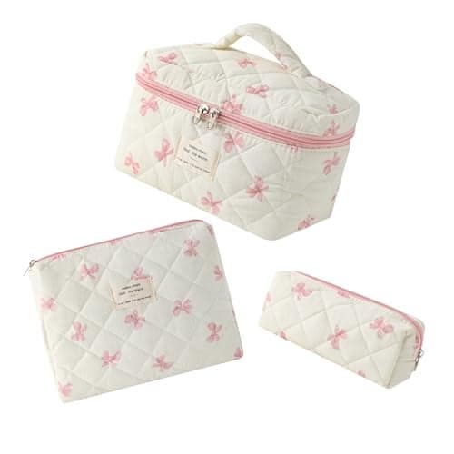 uekeboag 3Pcs Large Travel Quilted Makeup Bag for Women, Floral Cotton Cosmetic Bag, Coquette Aesthetic Floral Toiletry Organizer Bag(3Pcs WhitePink Bow