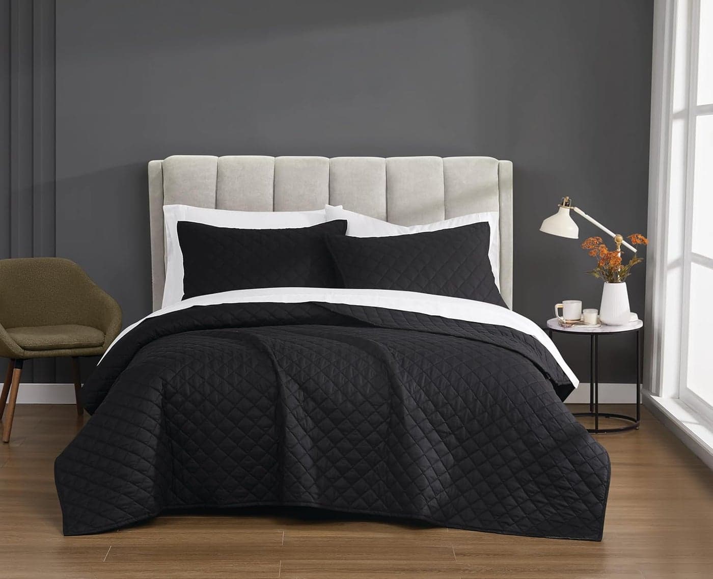 CANNON Solid Percale Black FullQueen 3 Piece Quilt Set
