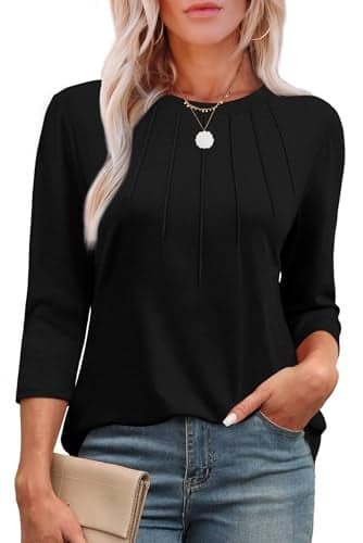 XIEERDUO 3/4 Length Sleeve Womens Tops Plus Size Pleated Round Neck Fall Clothes 2025 Trendy School Outfits for Teachers Black Summer Tops for Women XXL