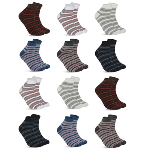 SJeware 12 Pairs Solid Cotton Ankle Length Socks for Men & Women, Multicolor, Pack of 12, Free Size,Stripped