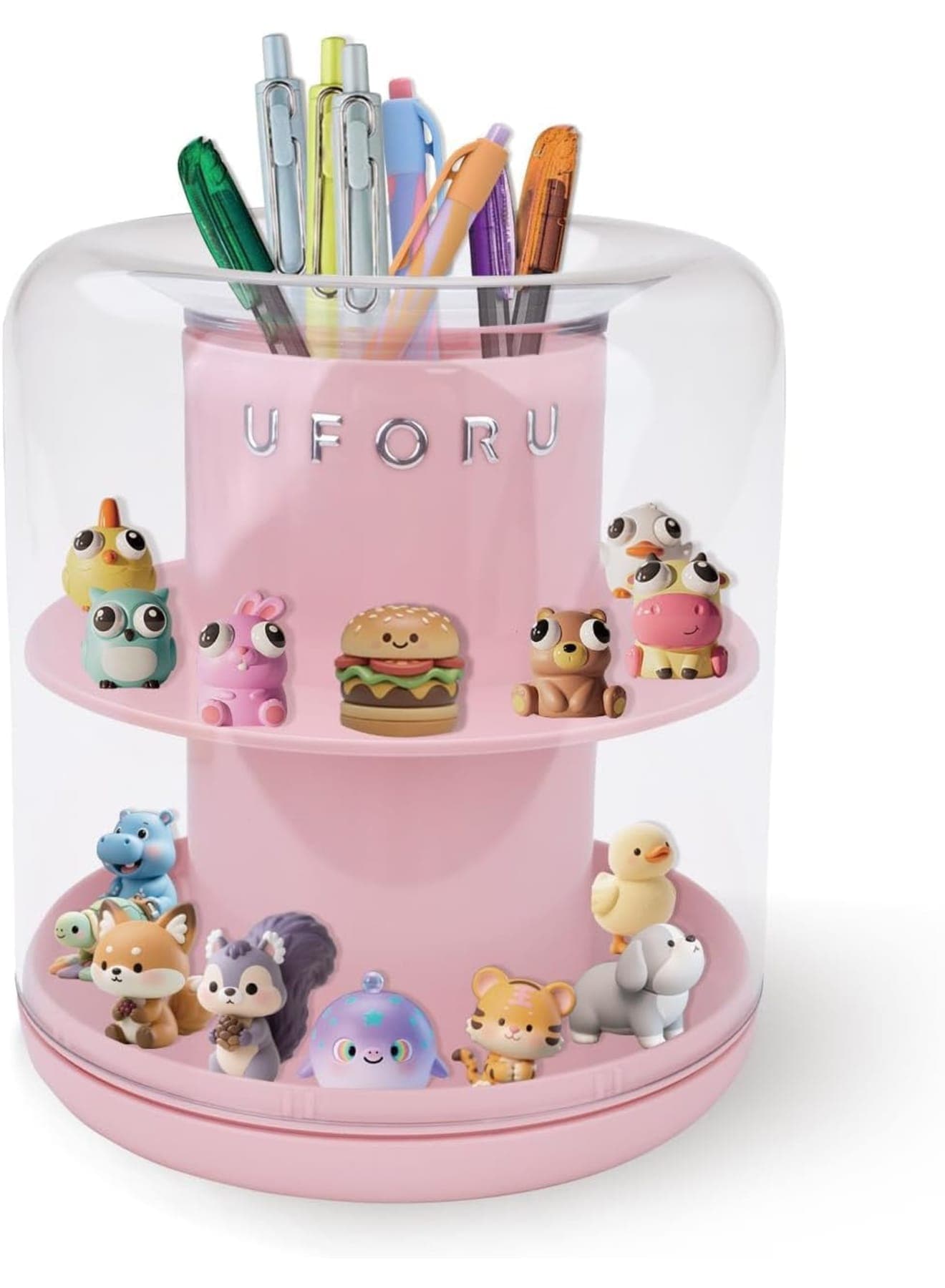 Rotating Display Case, 360 Degree Figure Showcase with Makeup Brush Holder and Compartments, Small Organizer for Mini Figures Pens Brushes Accessories, 5.7×5.7×6.5in for Home and Desk