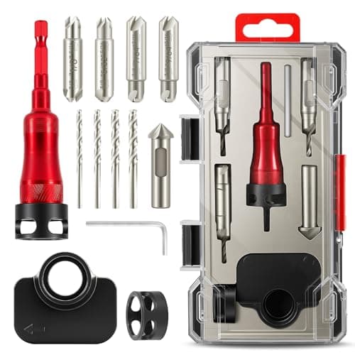 BURMONG 5-Piece Countersink Drill Bit Set with Bearing Depth Stop & Chamfer Tool, 1/4" Hex Shank Quick Change Bi-Directional Cutting Edges for Woodworking (with Adjustable Bearing Depth Stop)
