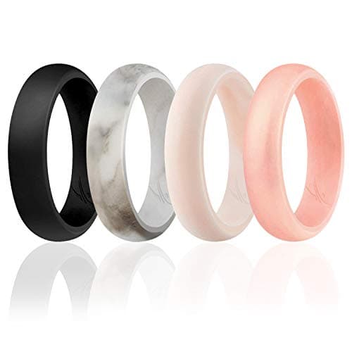 ROQ Silicone Rubber Wedding Ring for Women, Dome Solid Glitter & Metallic, Rubber Wedding Band, 5.5mm Wide 2mm Thick, 4 Pack, Marble White-Black, Marble White-Rose Gold, Black, Rose Gold, Size 5