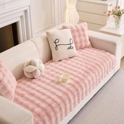 HOMETHREADS Plush Faux Fur Sofa Cover – Ultra-Soft, Thick & Fluffy Sectional Couch Slipcover with Anti-Slip Design, Washable Furniture Protector for Lasting Comfort (Pink, 2 Seater Small | 120x90cm)