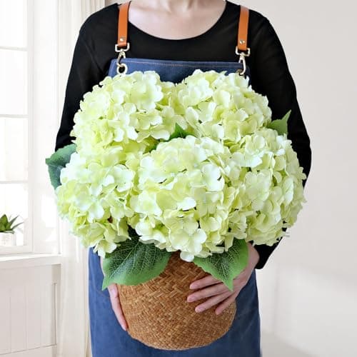 JINWOE Green Hydrangea Artificial Flowers 5Pcs 20Inch Large Lifelike Faux Silk Flowers Full Artificial Hydrangeas for Bouquet Table Centerpieces Indoor Spring Outdoor Home
