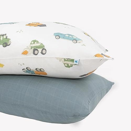 Little Unicorn Standard Pillowcase 2 Pack Super Soft Breathable Muslin Fabric Snug Envelope Closure for Crib and Toddler Bed Work Trucks