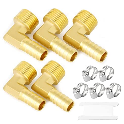 GASHER 5 Pieces Brass Hose Barb Reducer 90 Degree Elbow 1/2 Inch NPT to 1/2 Inch Barb Hose ID with 5 Hose Clam, Brass Barb Reducer SPLICER Fitting Fuel/AIR/Water/Oil/Gas/WOG