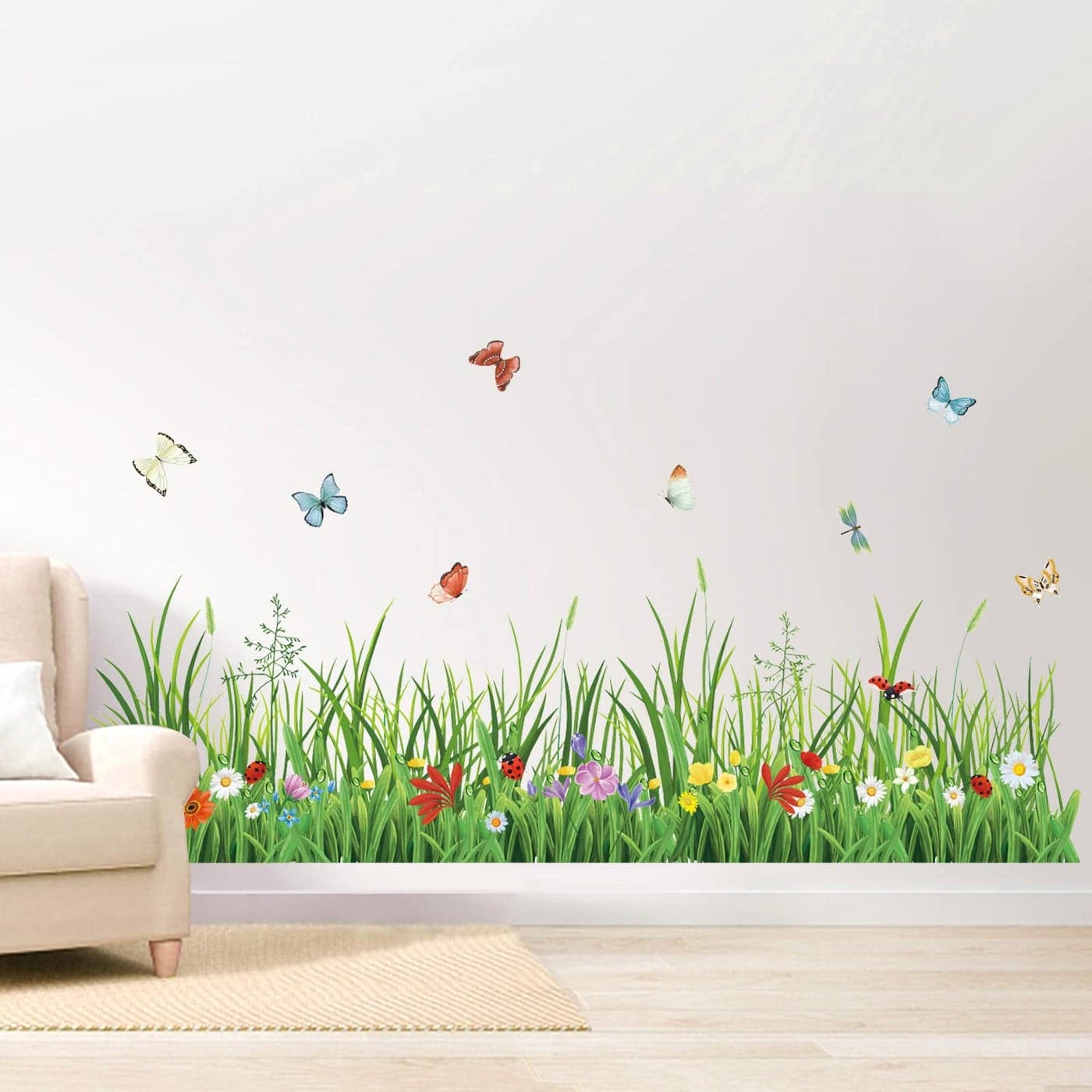 wondever Green Grass Wall Corner Stickers Flowers Butterflies Baseboard Skirting Line Wall Decals for Bedroom Living Room W52 inches