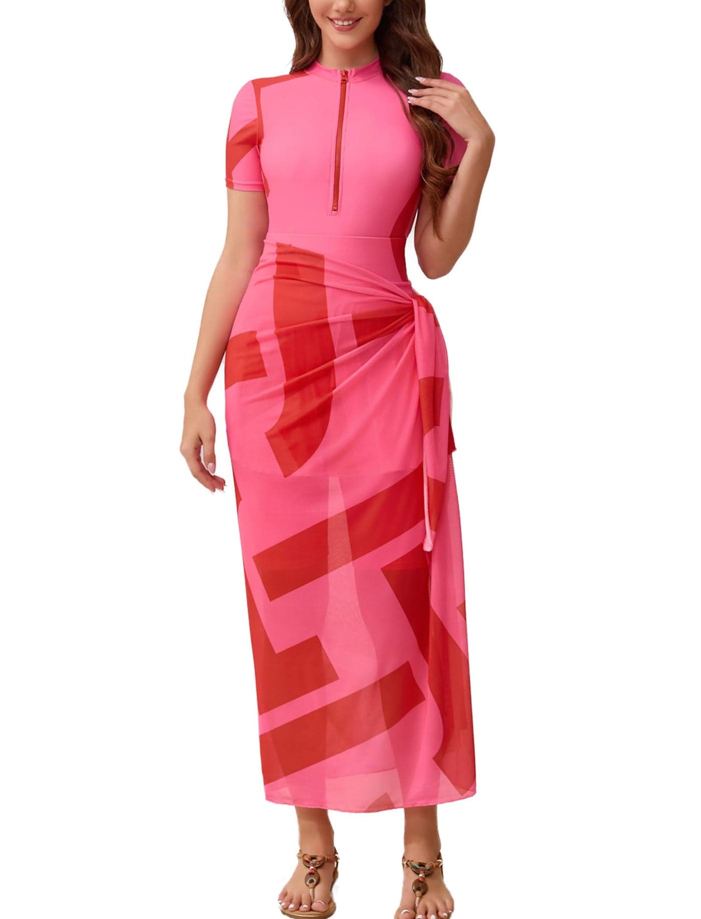 Muslim Swim Suits for Women 2025 Bathing Suit with Sarong Set One Piece Swimsuit Rash Guard Modest Swimwear for Women Muslim with Skirts Shorts for Surfing Wet Suit Flamingo Short Sleeve XXL