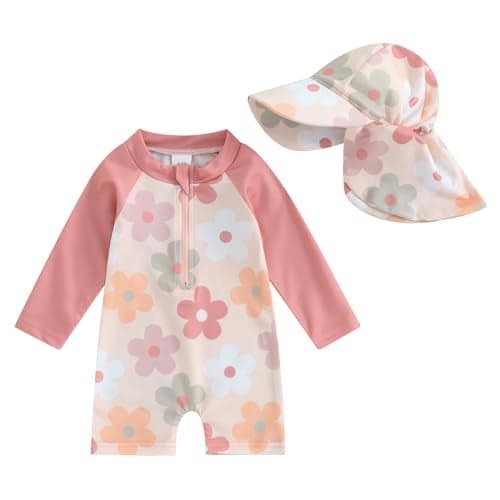 Socutebabe Toddler Infant Baby Boys Girl Swimsuit Kids Rash Guard One Piece Newborn Zipper Bathing Suit Swimwear with Hat (B-Floral Pink,3-6 Months)