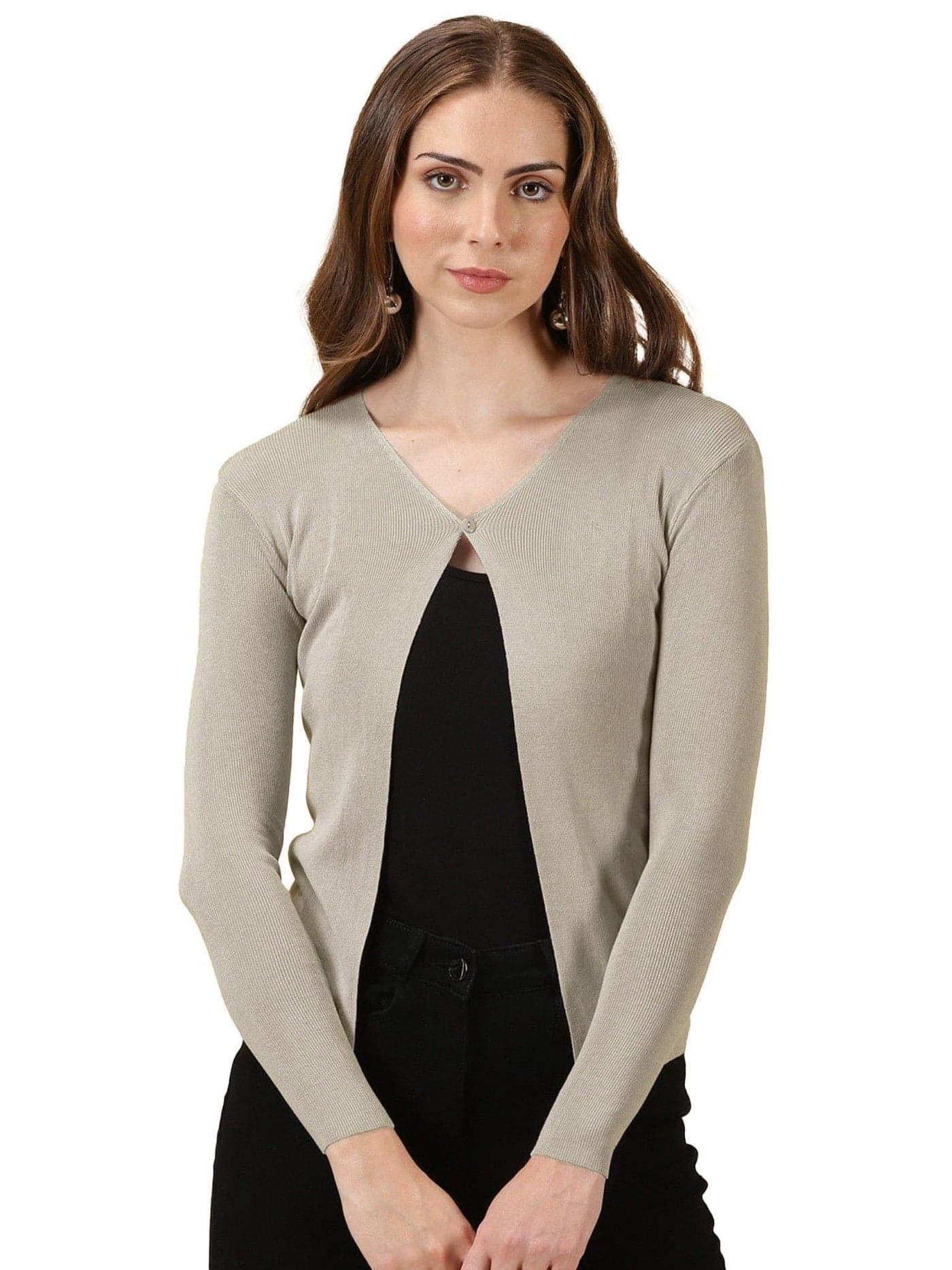 ICW Women's Acrylic Knitted Ribbed Cardigan Front-Open Top Full Sleeve Shrug Jacket for Girls ((ONE Size XS-S-M-L)(Bust Size 30-38 Inch) (in, Alpha, L, Regular, Skin)