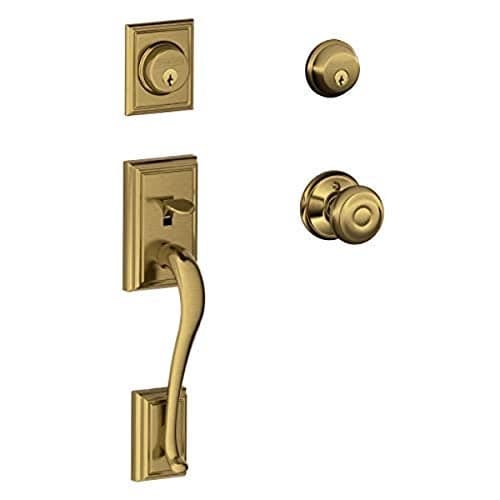 Schlage F62-ADD-GEO Addison Double Cylinder Handleset with Georgian Interior Kno, Antique Brass