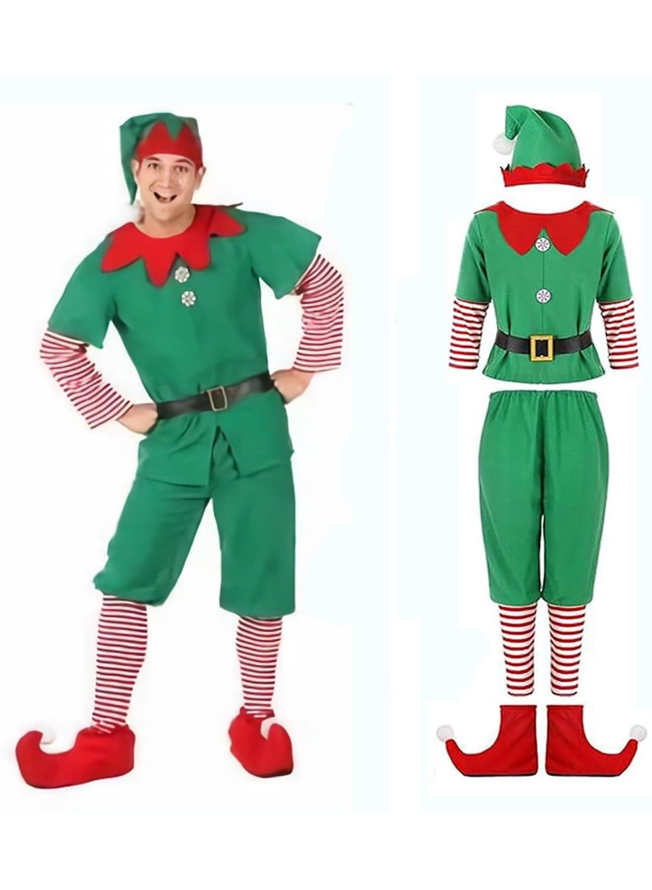 Christmas Elf Costume Set Christmas Elf Cosply Outfits Dress for Boys Girls Include Hat Dress and Striped Socks for Christmas New Year Masquerade Party (Boys)
