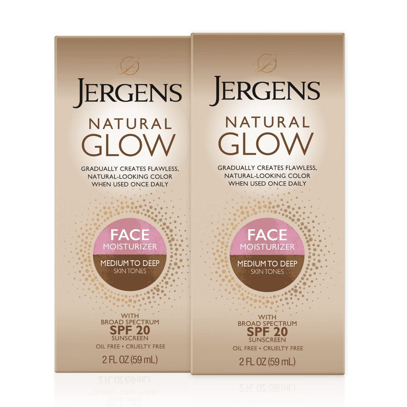 Jergens Natural Glow Face Self Tanner Lotion with SPF 20, Sunless Tanning, Medium to Deep Skin Tone Moisturizer, Daily Facial Sunscreen, Oil Free, UVA and UVB Protection, 2 Oz, Pack of 2